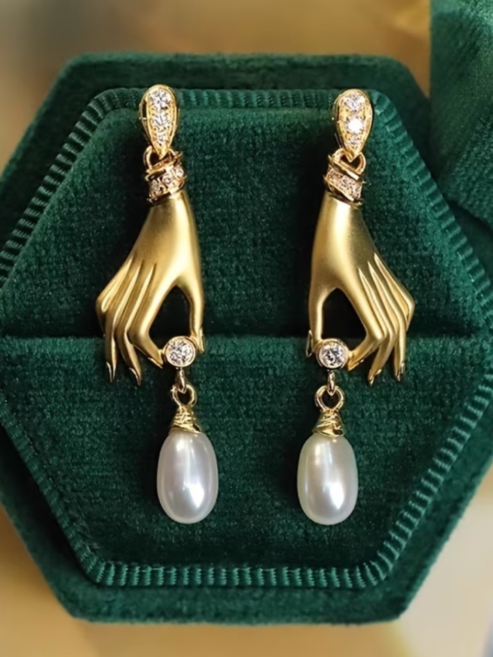 Gold Hand Drop Earrings with White Pearl Dangles